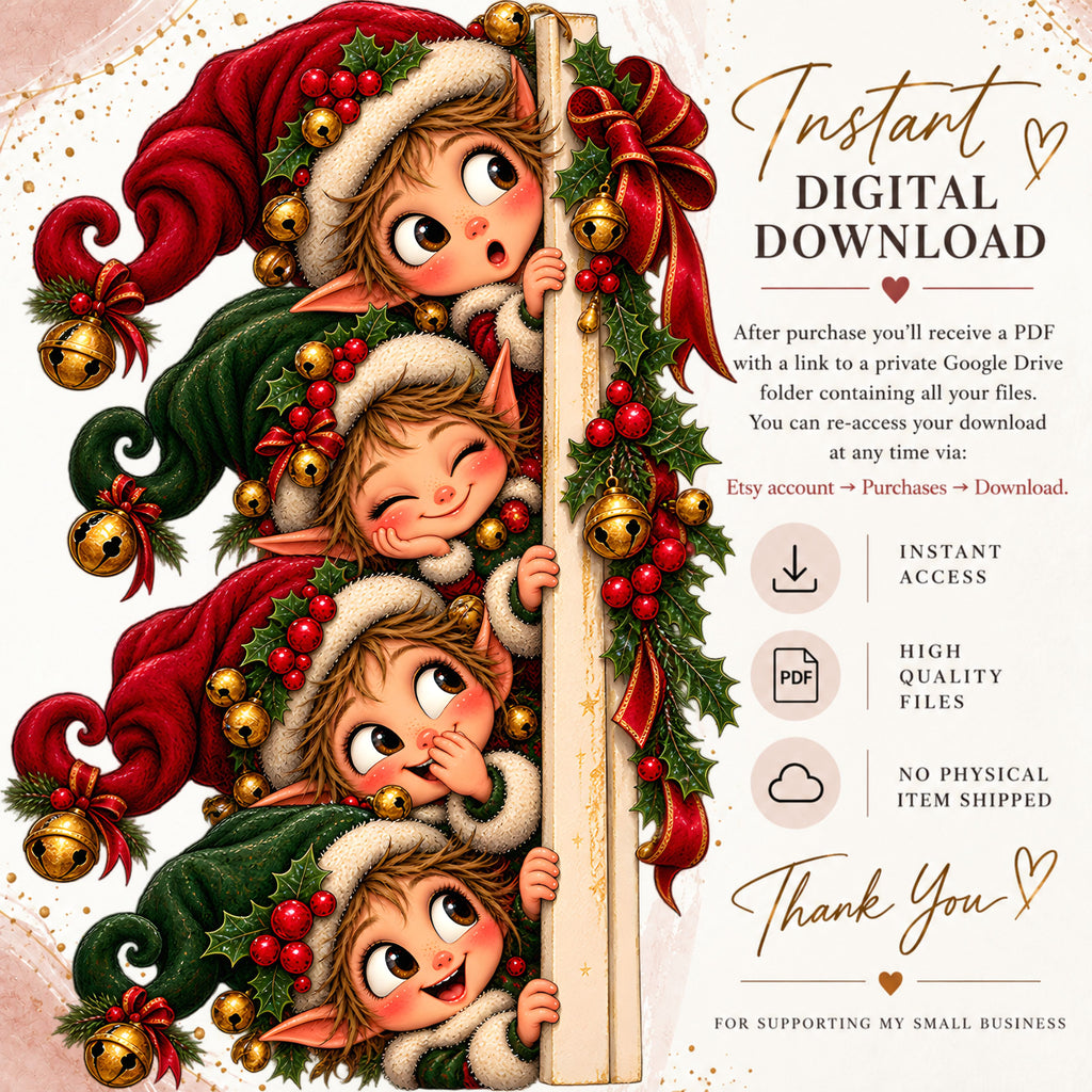 Christmas Elf Clipart Bundle, 24 Cute Holiday PNGs for Cards, Crafts & Scrapbooking